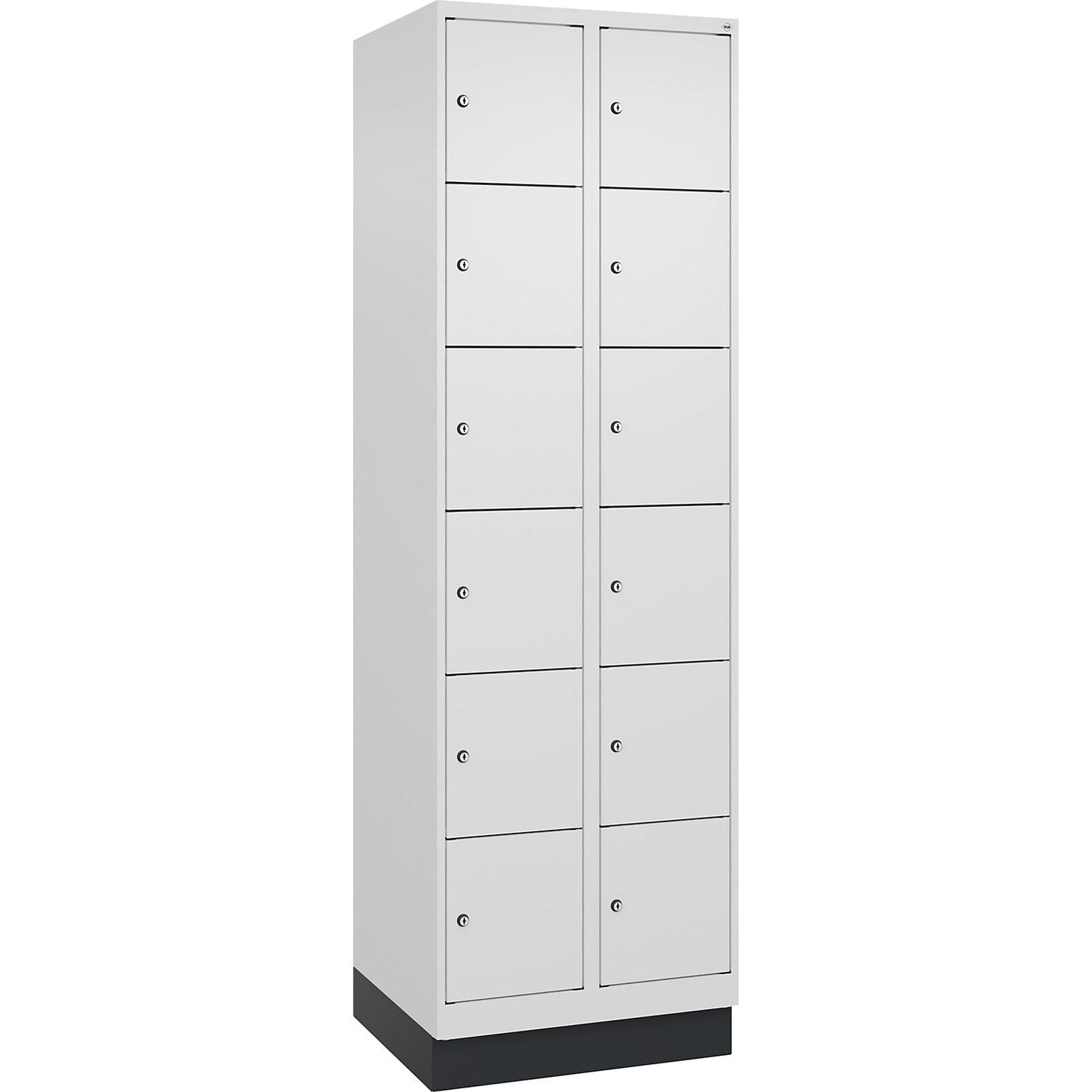 Evolo PLUS 6-fold compartment locker, 2 compartments, white, W 600 mm, 12 compartments, with base plinth, cylinder lock.