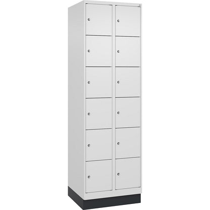 Evolo PLUS 6-fold compartment locker, 2 compartments, white, W 600 mm, 12 compartments, with base plinth, cylinder lock.