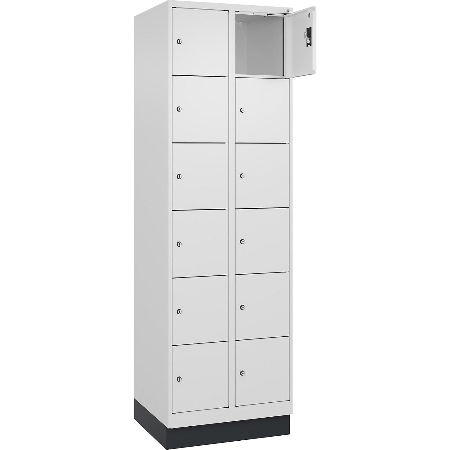 Evolo PLUS 6-fold compartment locker, 2 compartments, white, W 600 mm, 12 compartments, with base plinth, cylinder lock.