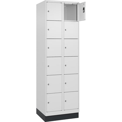 Evolo PLUS 6-fold compartment locker, 2 compartments, white, W 600 mm, 12 compartments, with base plinth, cylinder lock.