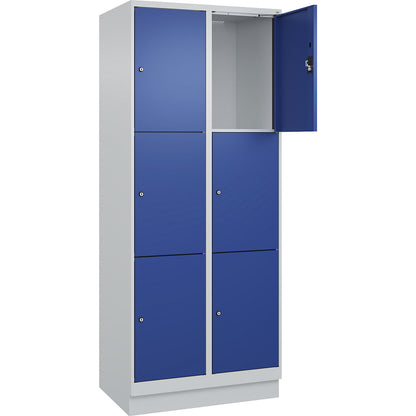 Evolo PLUS 3-fold compartment locker, 2 compartments, light grey / gentian blue, W 800 mm, 6 compartments, with base plinth, cylinder lock.