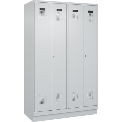Evolo PLUS clean and dirty locker, 2 compartments, shortened centre divider, light grey, W 1200 mm, with base plinth, cylinder lock.