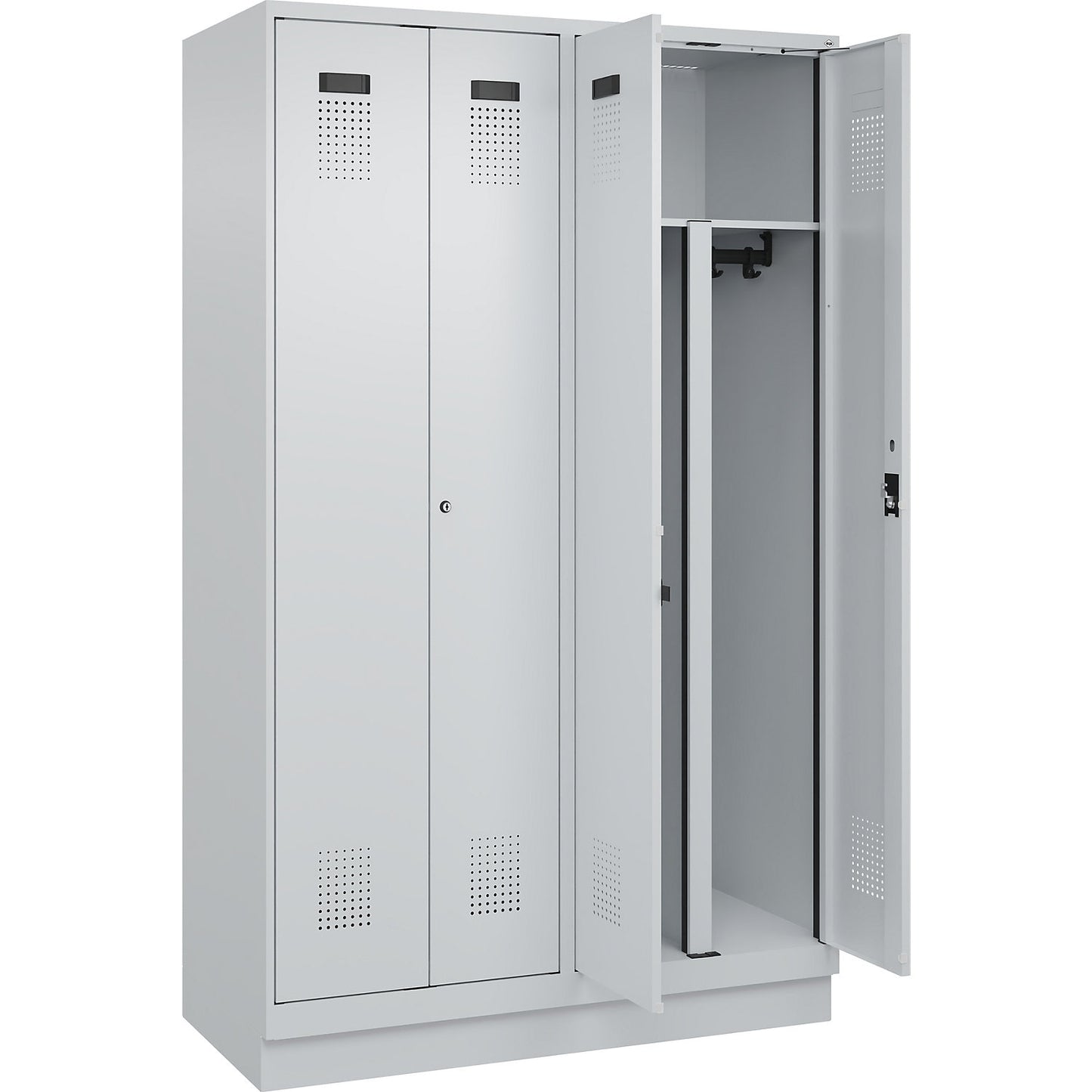 Evolo PLUS clean and dirty locker, 2 compartments, shortened centre divider, light grey, W 1200 mm, with base plinth, cylinder lock.