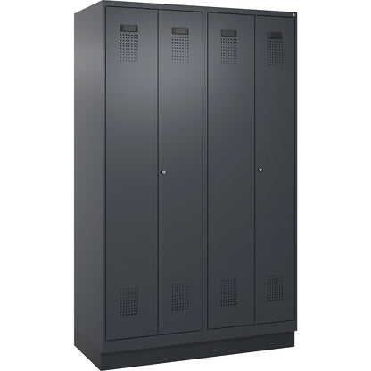 Evolo PLUS clean and dirty locker, 2 compartments, shortened centre divider, grey, W 1200 mm, with base plinth, cylinder lock.