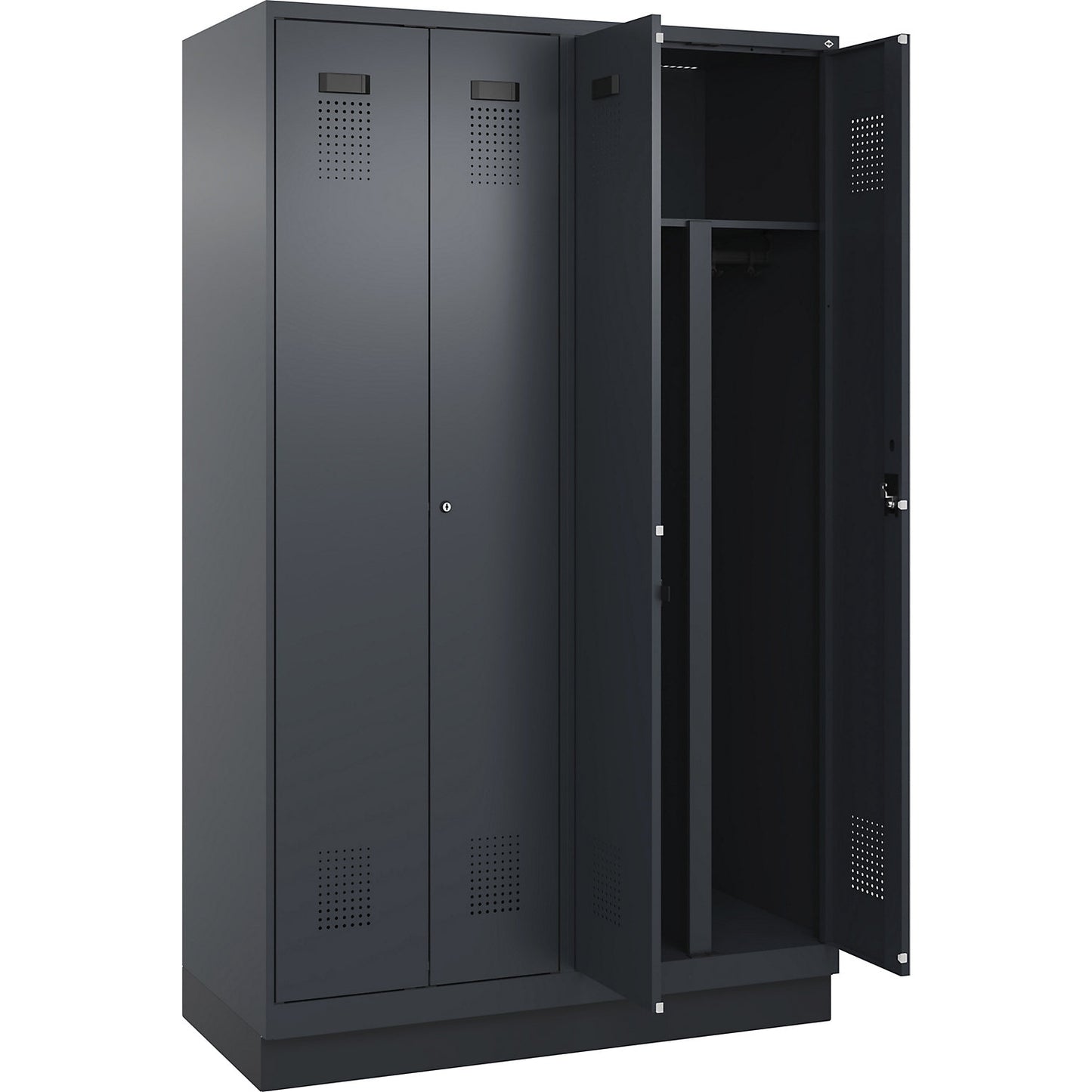Evolo PLUS clean and dirty locker, 2 compartments, shortened centre divider, grey, W 1200 mm, with base plinth, cylinder lock.