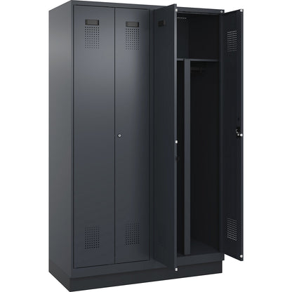 Evolo PLUS clean and dirty locker, 2 compartments, shortened centre divider, grey, W 1200 mm, with base plinth, cylinder lock.