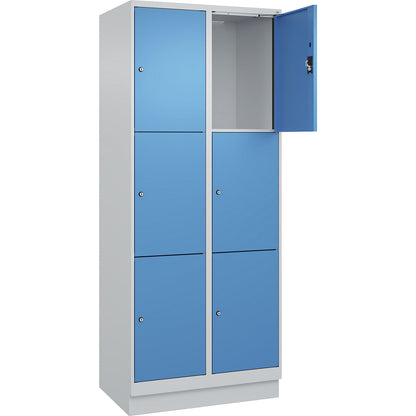 Evolo PLUS 3-fold compartment locker, 2 compartments, light grey / light blue, W 800 mm, 6 compartments, with base plinth, cylinder lock.