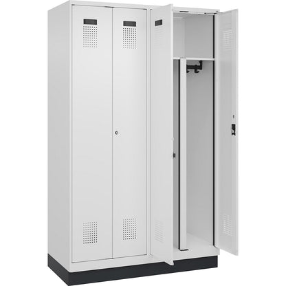 Evolo PLUS clean and dirty locker, 2 compartments, shortened centre divider, white, W 1200 mm, with base plinth, cylinder lock.