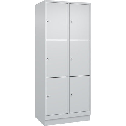 Evolo PLUS 3-fold compartment locker, 2 compartments, light grey, W 800 mm, 6 compartments, with base plinth, cylinder lock.
