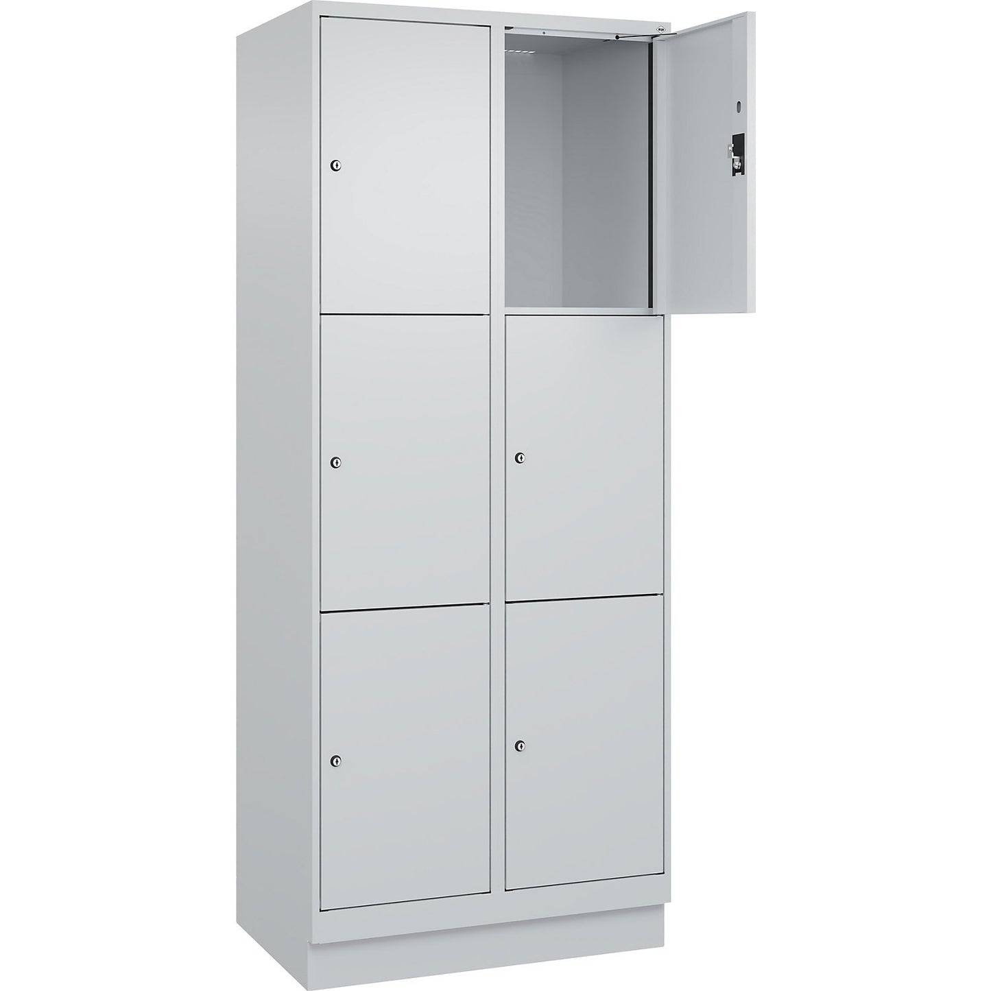 Evolo PLUS 3-fold compartment locker, 2 compartments, light grey, W 800 mm, 6 compartments, with base plinth, cylinder lock.
