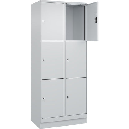 Evolo PLUS 3-fold compartment locker, 2 compartments, light grey, W 800 mm, 6 compartments, with base plinth, cylinder lock.