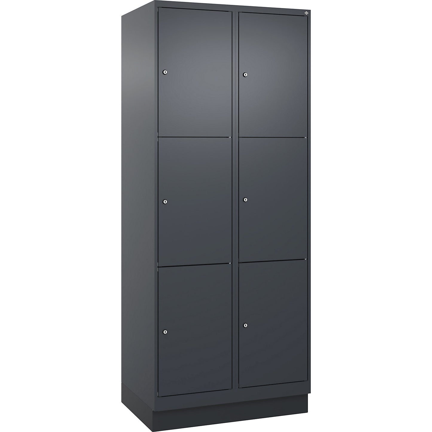 Evolo PLUS 3-fold compartment locker, 2 compartments, grey, W 800 mm, 6 compartments, with base plinth, cylinder lock.