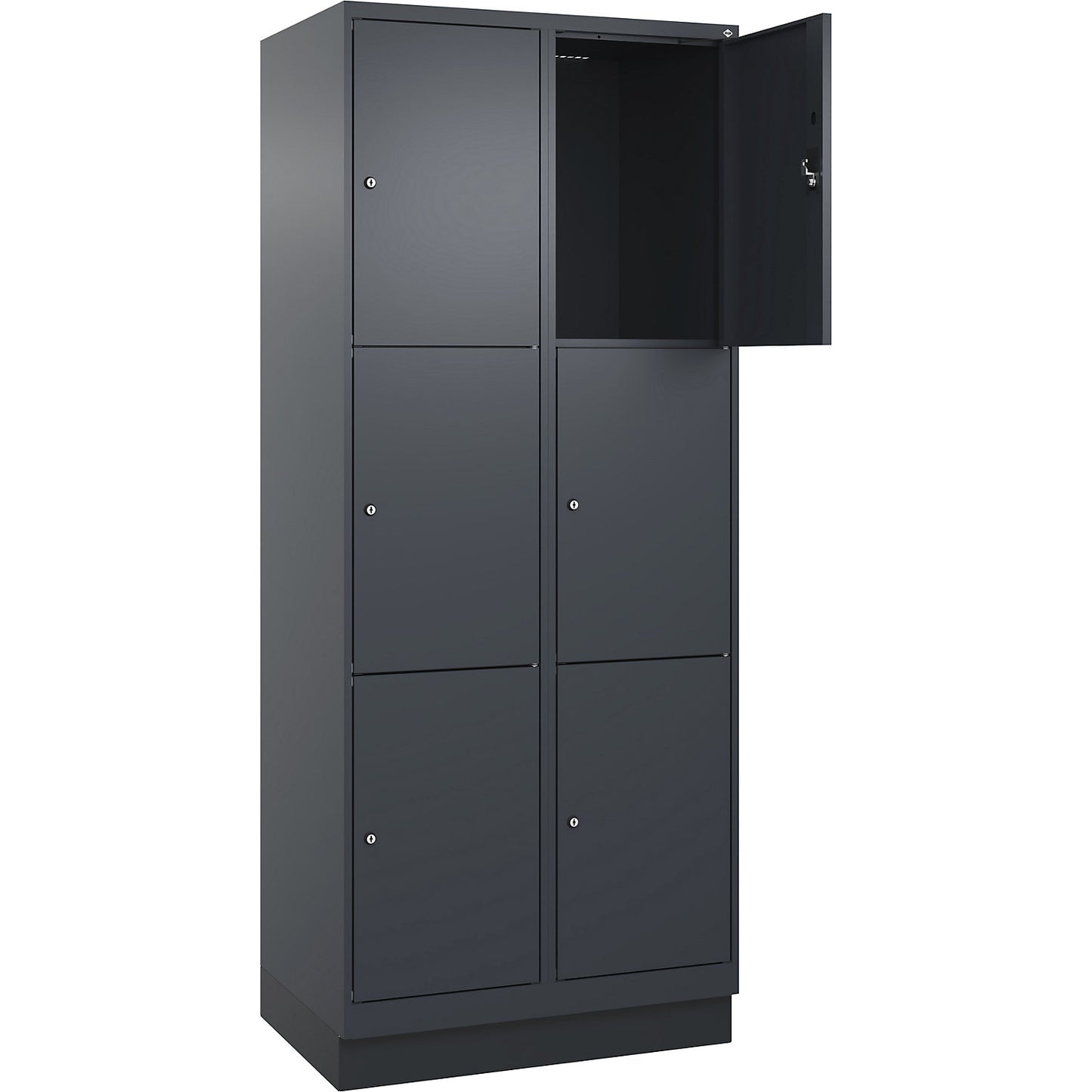 Evolo PLUS 3-fold compartment locker, 2 compartments, grey, W 800 mm, 6 compartments, with base plinth, cylinder lock.