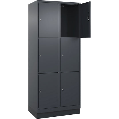 Evolo PLUS 3-fold compartment locker, 2 compartments, grey, W 800 mm, 6 compartments, with base plinth, cylinder lock.
