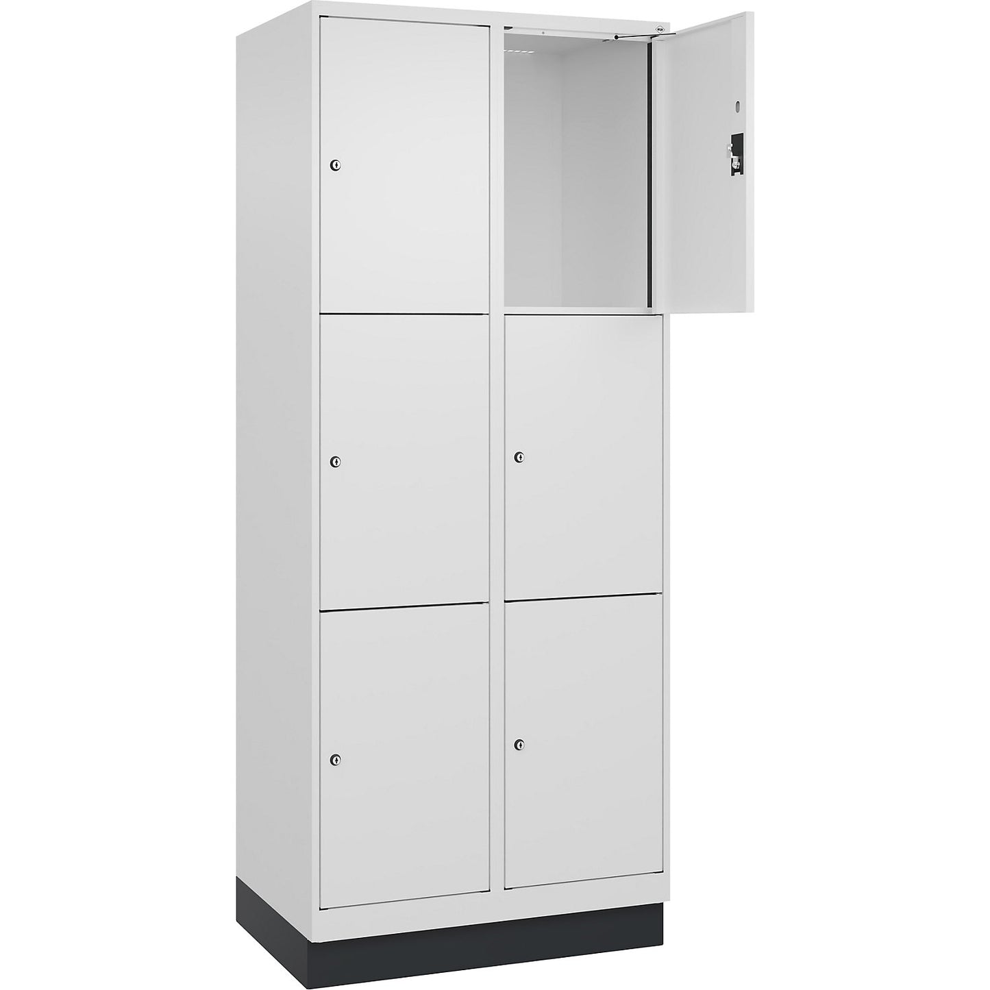 Evolo PLUS 3-fold compartment locker, 2 compartments, white, W 800 mm, 6 compartments, with base plinth, cylinder lock.