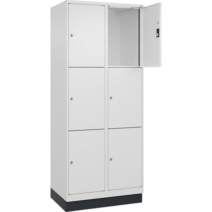 Evolo PLUS 3-fold compartment locker, 2 compartments, white, W 800 mm, 6 compartments, with base plinth, cylinder lock.