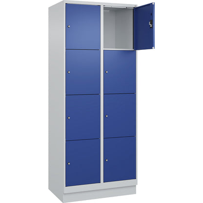 Evolo PLUS 4-fold compartment locker, 2 compartments, light grey / gentian blue, W 800 mm, 8 compartments, with base plinth, cylinder lock.
