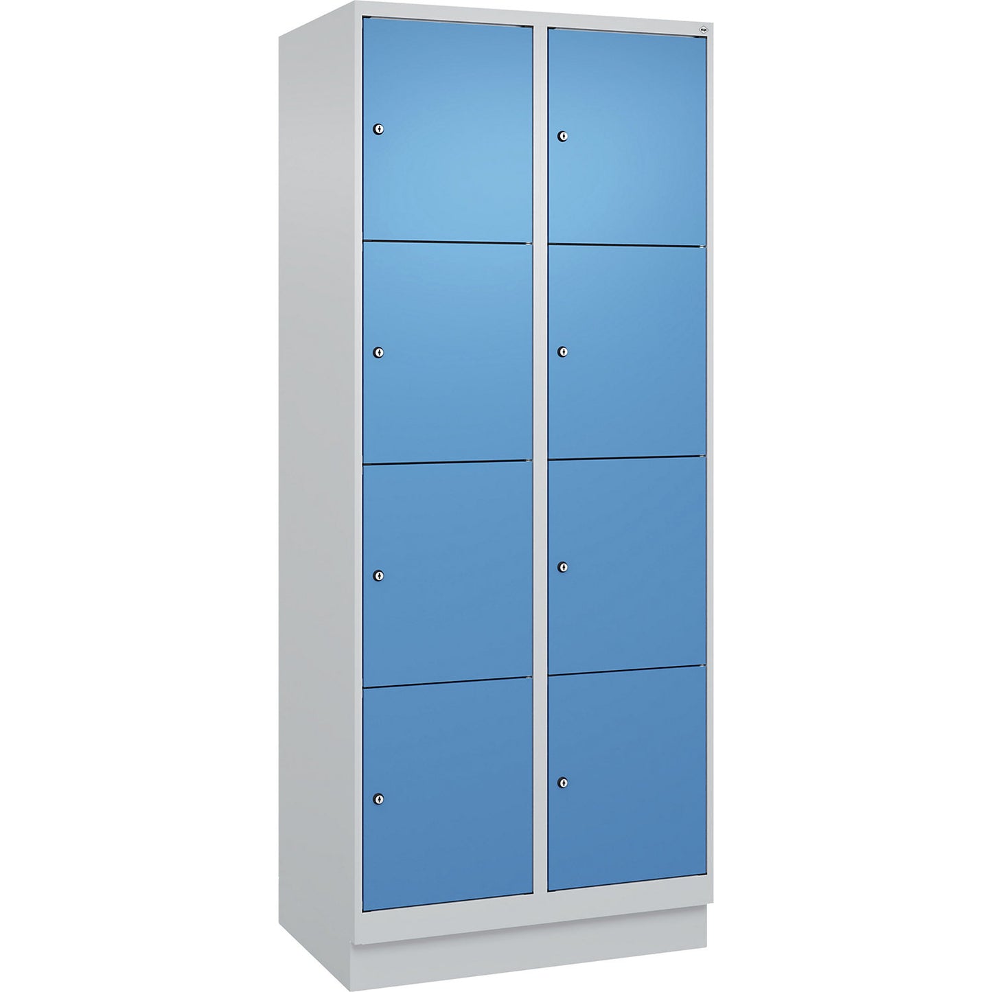 Evolo PLUS 4-fold compartment locker, 2 compartments, light grey / light blue, W 800 mm, 8 compartments, with base plinth, cylinder lock.