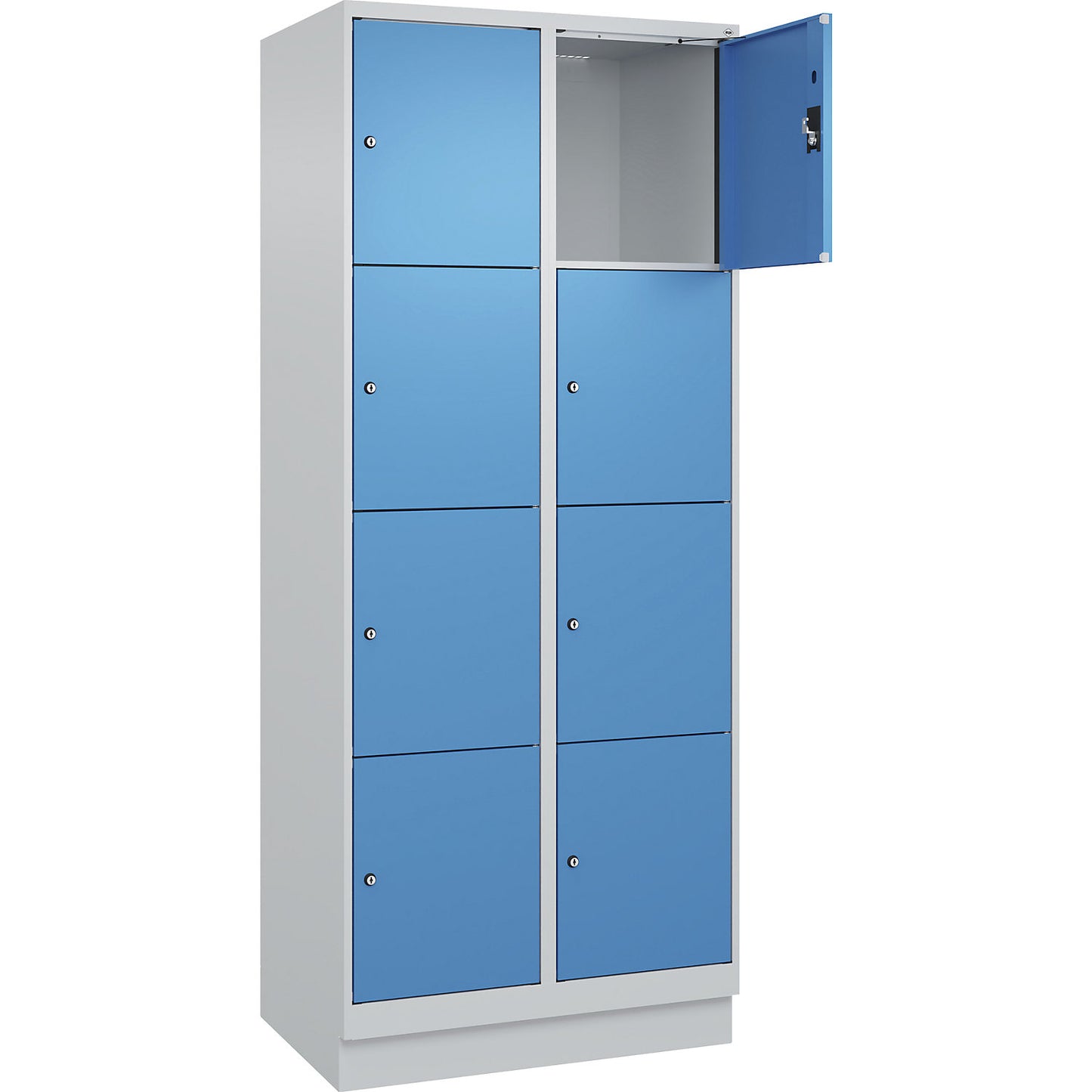 Evolo PLUS 4-fold compartment locker, 2 compartments, light grey / light blue, W 800 mm, 8 compartments, with base plinth, cylinder lock.