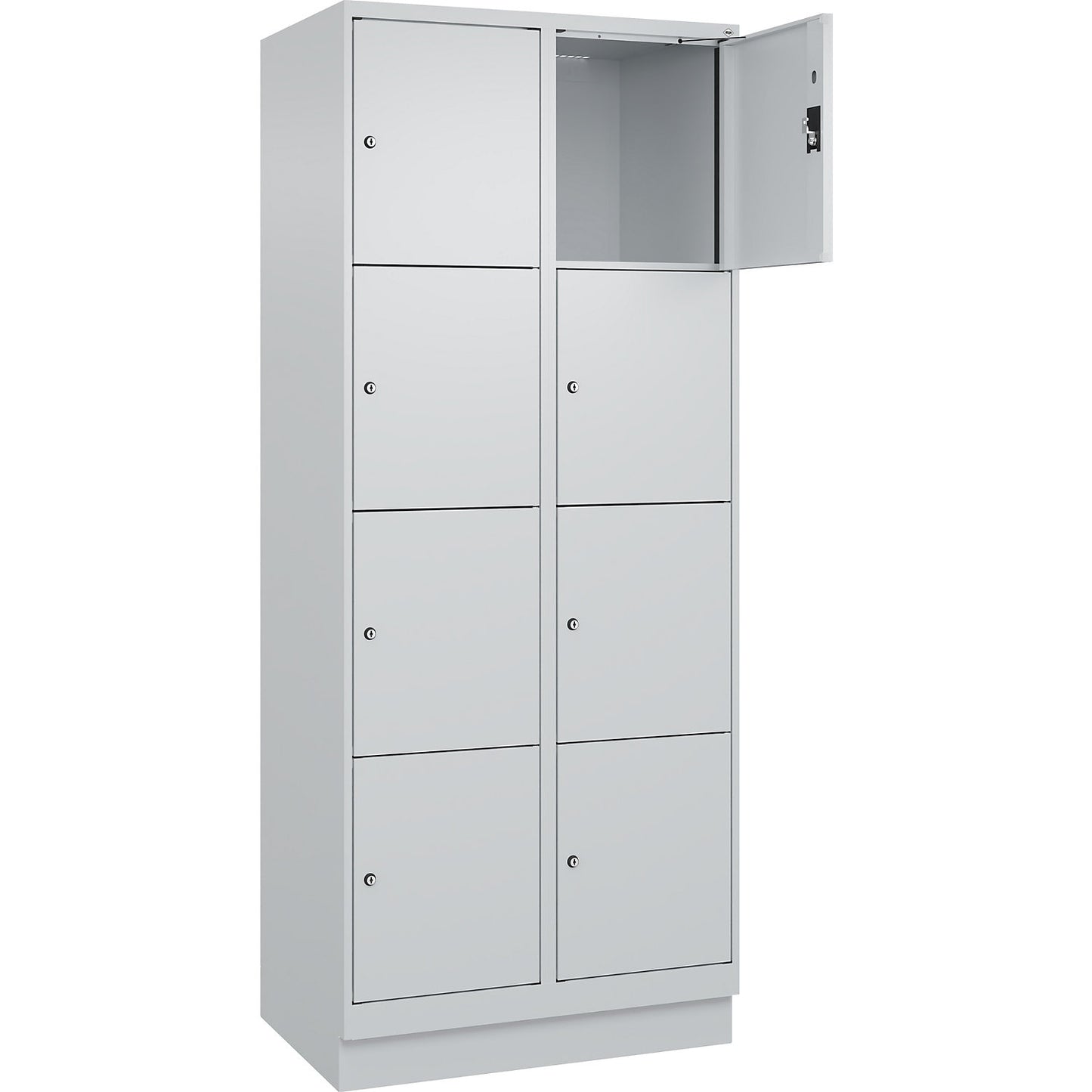 Evolo PLUS 4-fold compartment locker, 2 compartments, light grey, W 800 mm, 8 compartments, with base plinth, cylinder lock.
