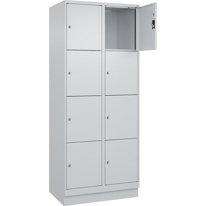 Evolo PLUS 4-fold compartment locker, 2 compartments, light grey, W 800 mm, 8 compartments, with base plinth, cylinder lock.