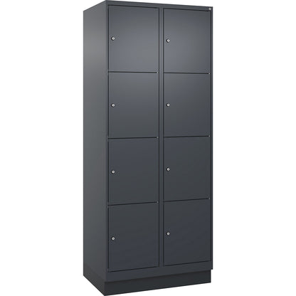 Evolo PLUS 4-fold compartment locker, 2 compartments, grey, W 800 mm, 8 compartments, with base plinth, cylinder lock.