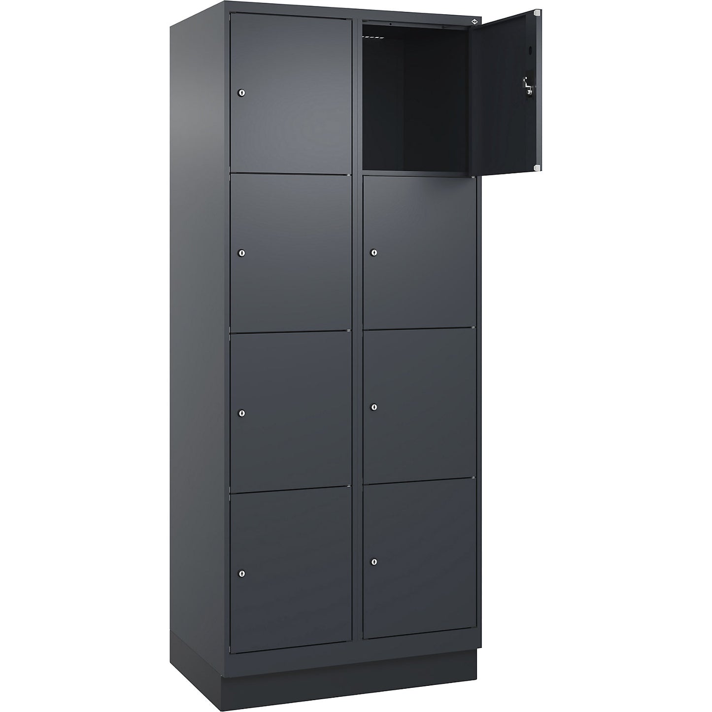 Evolo PLUS 4-fold compartment locker, 2 compartments, grey, W 800 mm, 8 compartments, with base plinth, cylinder lock.