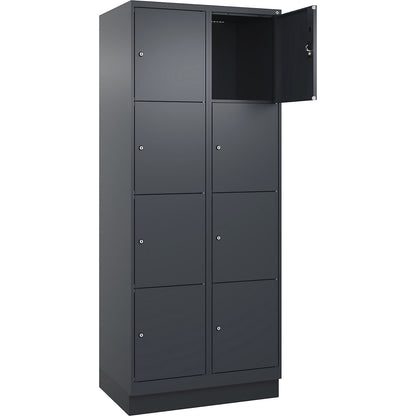 Evolo PLUS 4-fold compartment locker, 2 compartments, grey, W 800 mm, 8 compartments, with base plinth, cylinder lock.