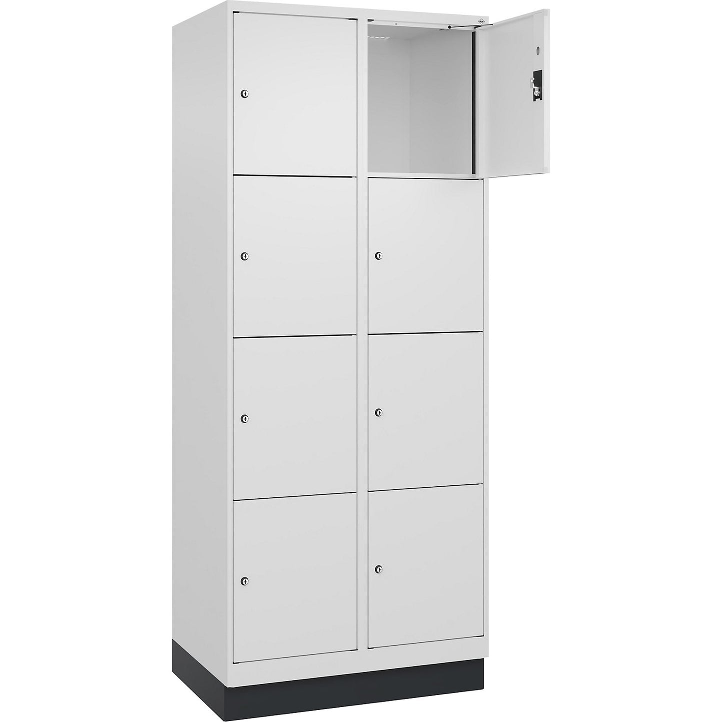 Evolo PLUS 4-fold compartment locker, 2 compartments, white, W 800 mm, 8 compartments, with base plinth, cylinder lock.
