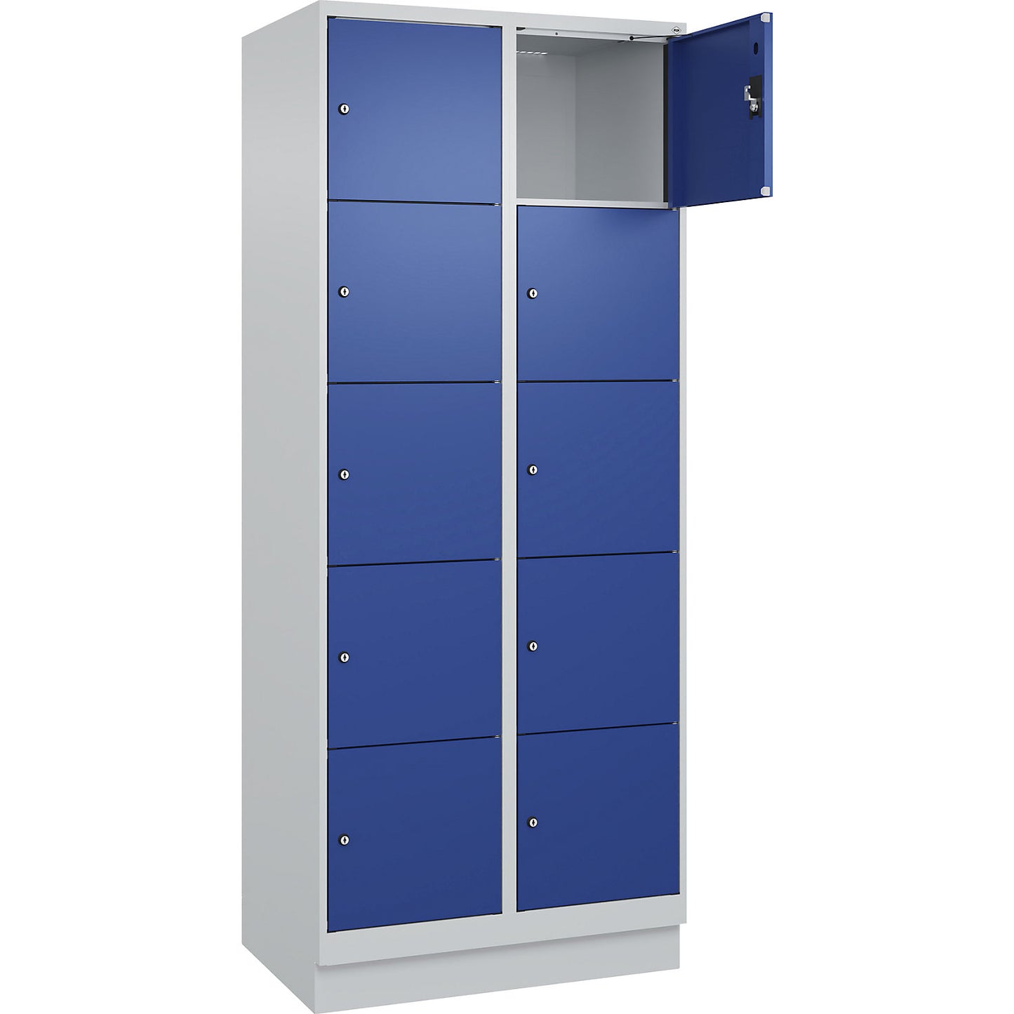 Evolo PLUS 5-fold compartment locker, 2 compartments, light grey / gentian blue, W 800 mm, 10 compartments, with base plinth, cylinder lock.