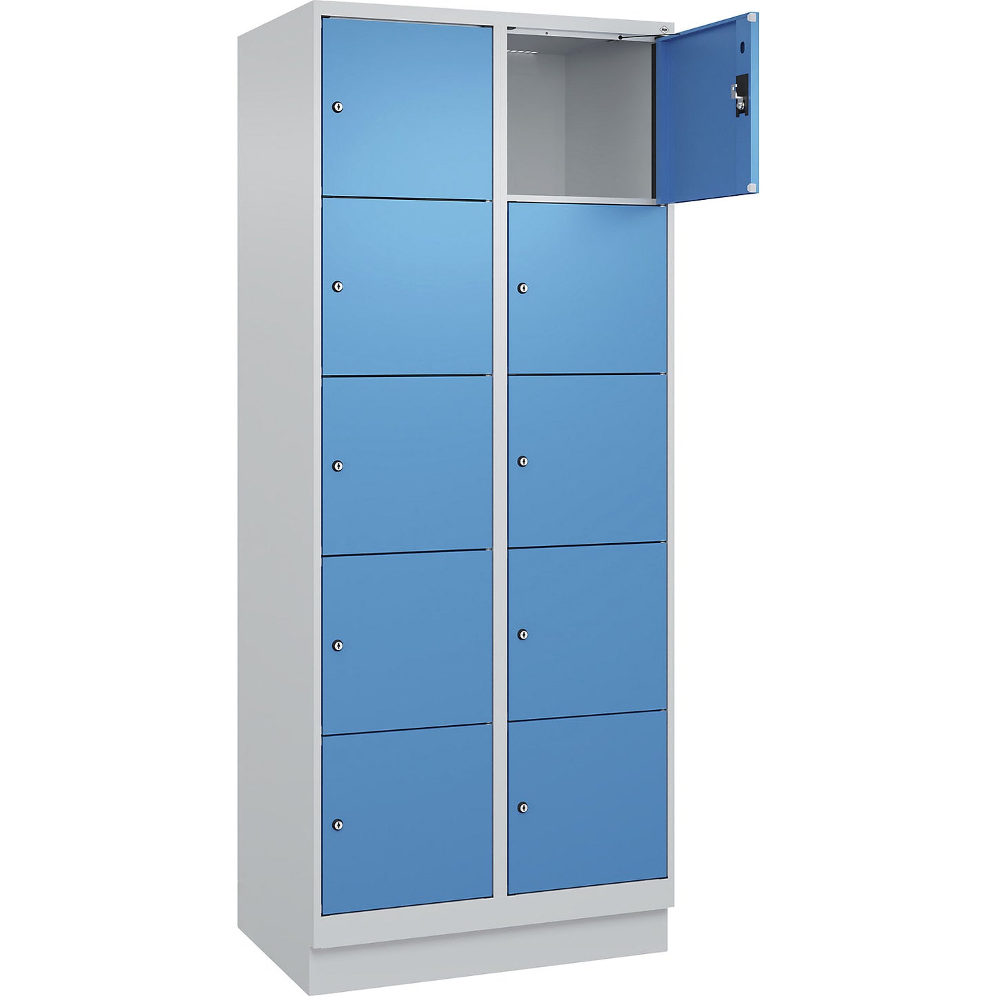 Evolo PLUS 5-fold compartment locker, 2 compartments, light grey / light blue, W 800 mm, 10 compartments, with base plinth, cylinder lock.