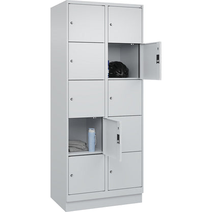 Evolo PLUS 5-fold compartment locker, 2 compartments, light grey, W 800 mm, 10 compartments, with base plinth, cylinder lock.