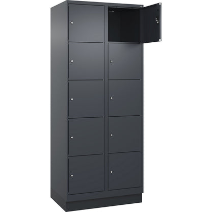 Evolo PLUS 5-fold compartment locker, 2 compartments, grey, W 800 mm, 10 compartments, with base plinth, cylinder lock.