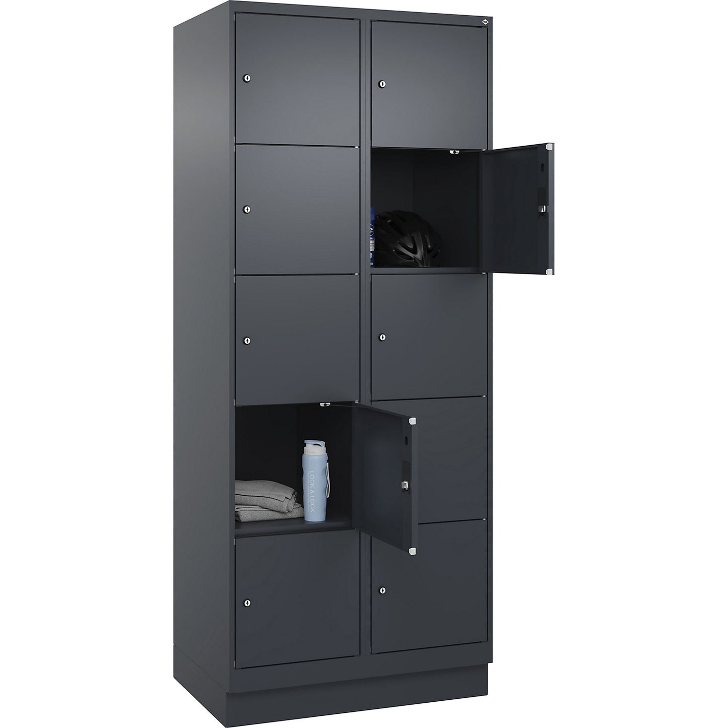 Evolo PLUS 5-fold compartment locker, 2 compartments, grey, W 800 mm, 10 compartments, with base plinth, cylinder lock.