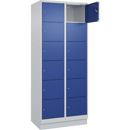 Evolo PLUS 6-fold compartment locker, 2 compartments, light grey / gentian blue, W 800 mm, 12 compartments, with base plinth, cylinder lock.