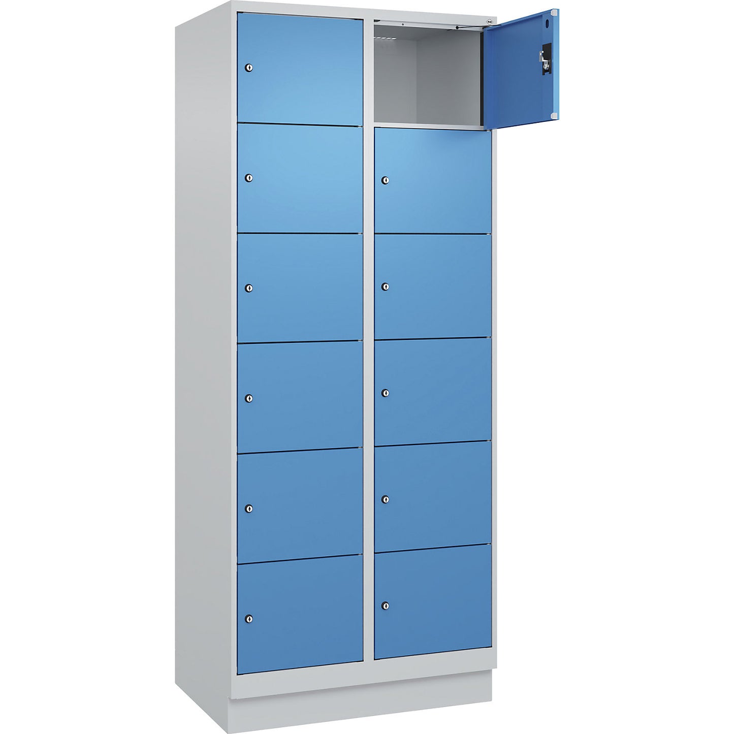 Evolo PLUS 6-fold compartment locker, 2 compartments, light grey / light blue, W 800 mm, 12 compartments, with base plinth, cylinder lock.