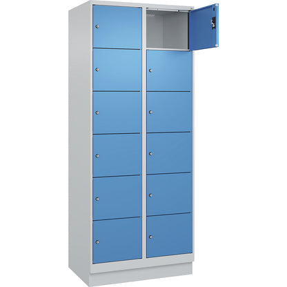 Evolo PLUS 6-fold compartment locker, 2 compartments, light grey / light blue, W 800 mm, 12 compartments, with base plinth, cylinder lock.