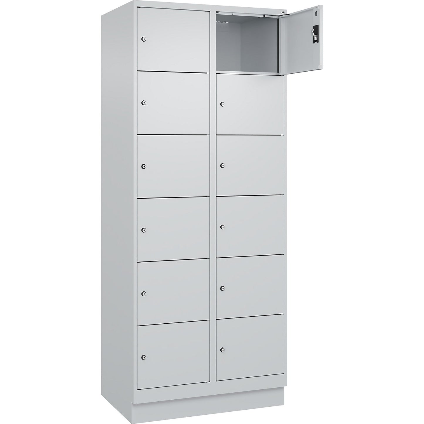 Evolo PLUS 6-fold compartment locker, 2 compartments, light grey, W 800 mm, 12 compartments, with base plinth, cylinder lock.
