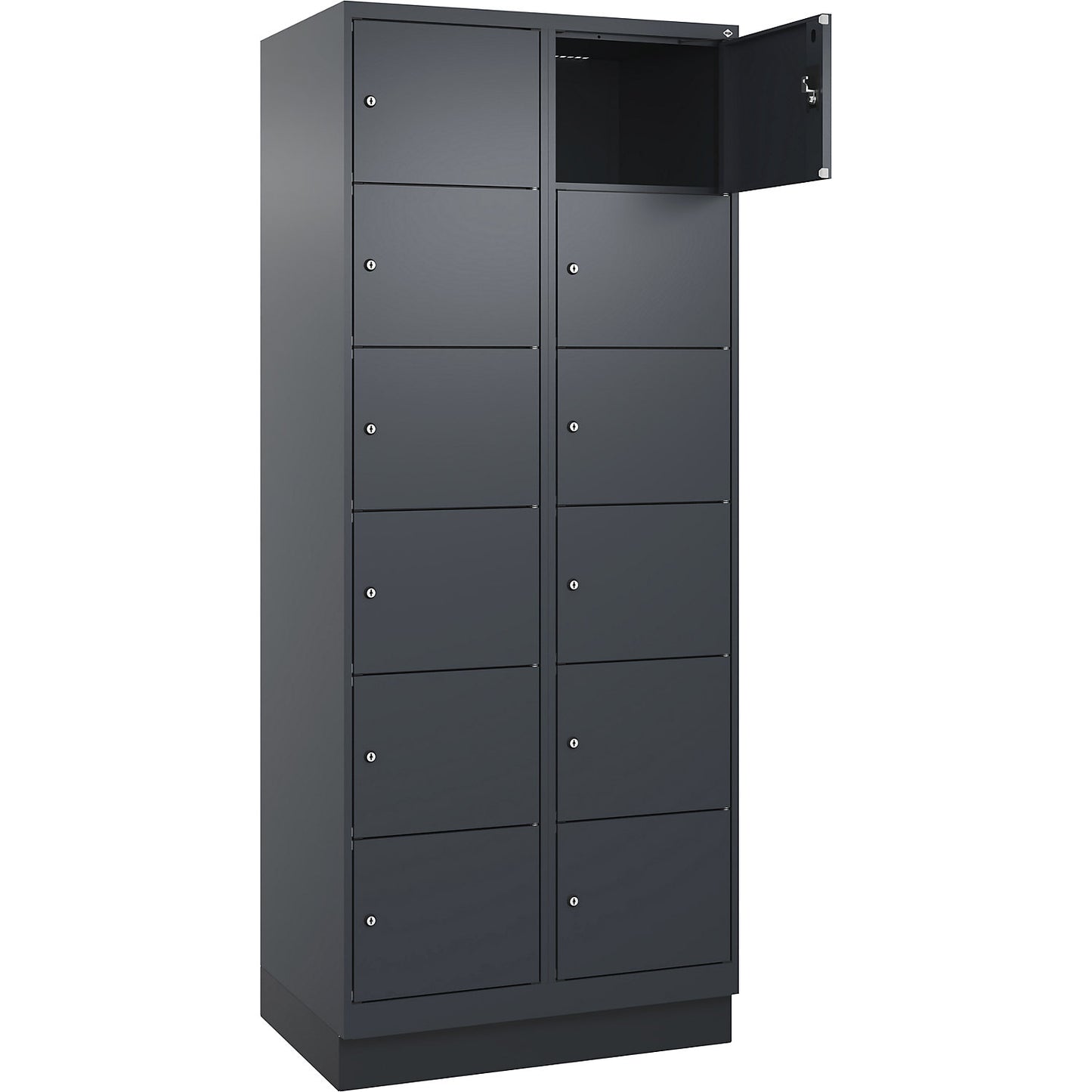 Evolo PLUS 6-fold compartment locker, 2 compartments, grey, W 800 mm, 12 compartments, with base plinth, cylinder lock.