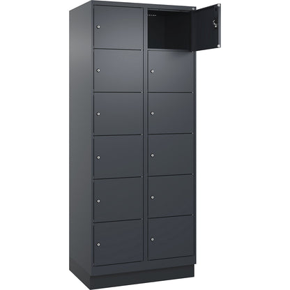Evolo PLUS 6-fold compartment locker, 2 compartments, grey, W 800 mm, 12 compartments, with base plinth, cylinder lock.