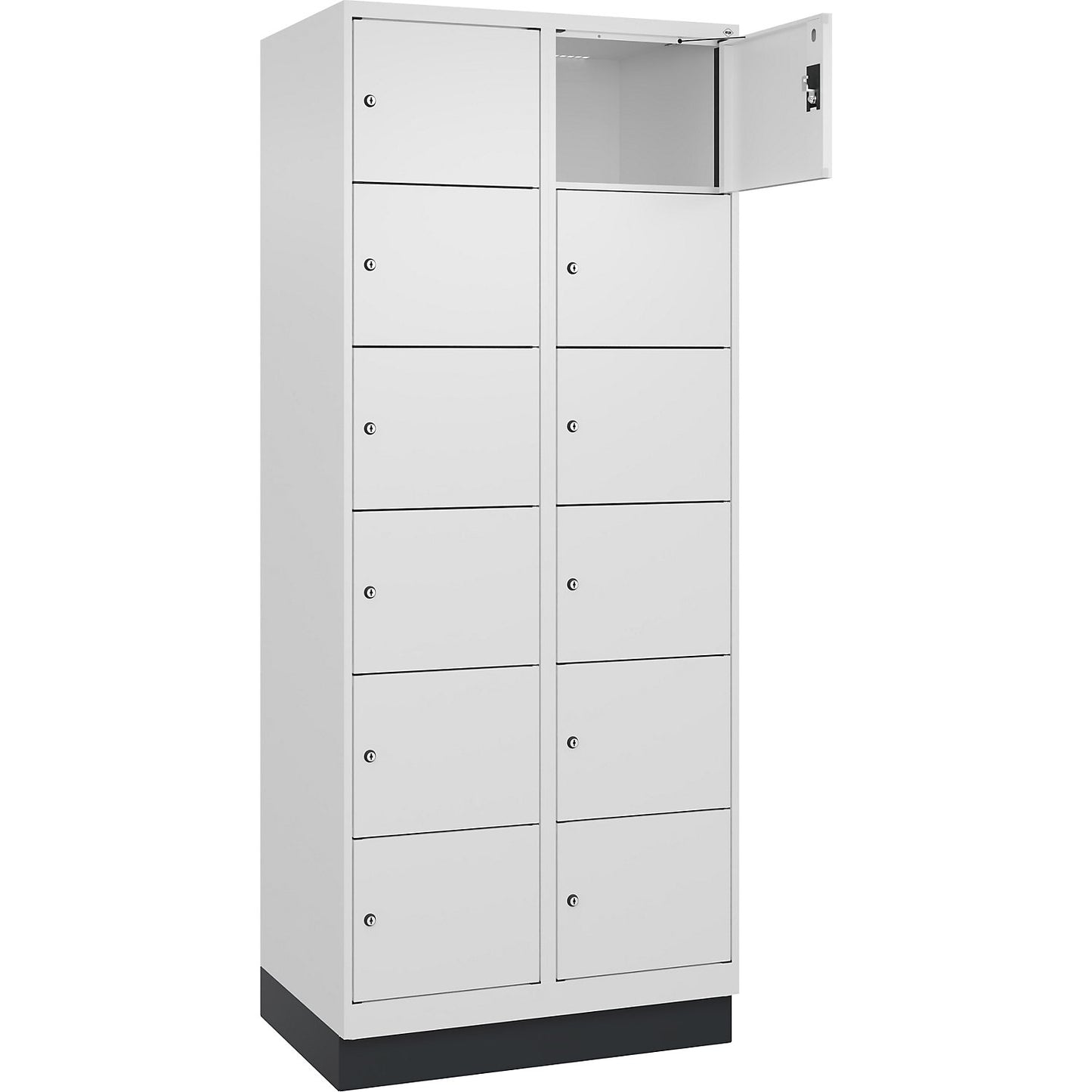 Evolo PLUS 6-fold compartment locker, 2 compartments, white, W 800 mm, 12 compartments, with base plinth, cylinder lock.