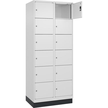 Evolo PLUS 6-fold compartment locker, 2 compartments, white, W 800 mm, 12 compartments, with base plinth, cylinder lock.