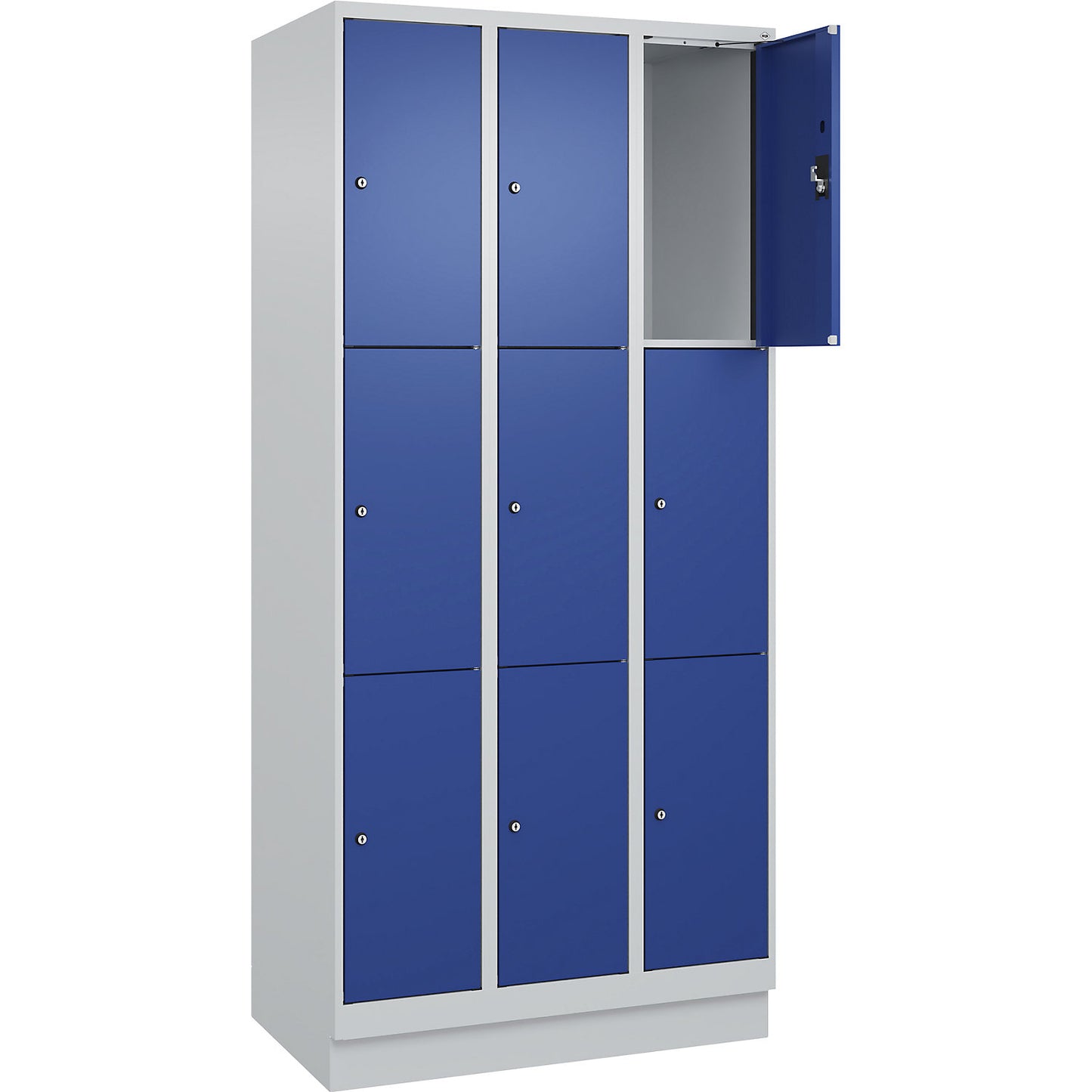 Evolo PLUS 3-fold compartment locker, 3 compartments, light grey / gentian blue, W 900 mm, 9 compartments, with base plinth, cylinder lock.