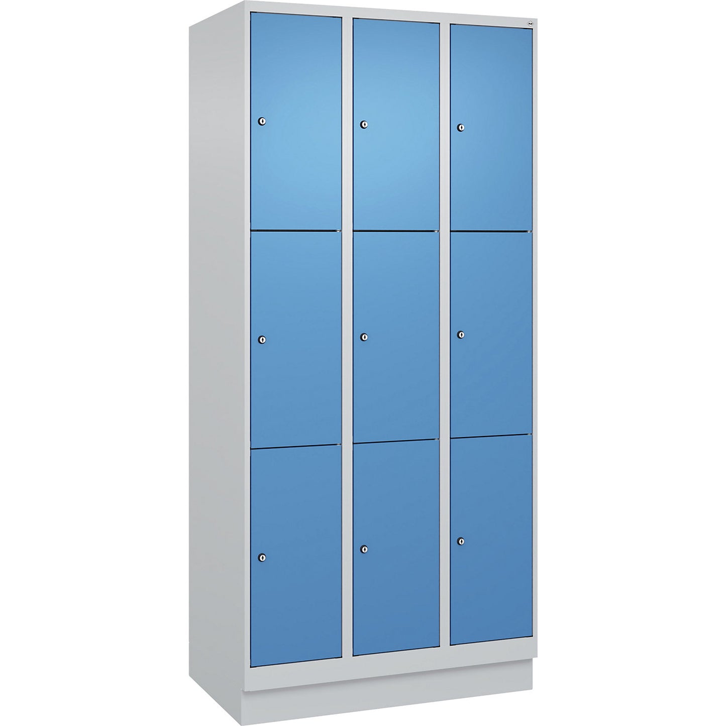 Evolo PLUS 3-fold compartment locker, 3 compartments, light grey / light blue, W 900 mm, 9 compartments, with base plinth, cylinder lock.