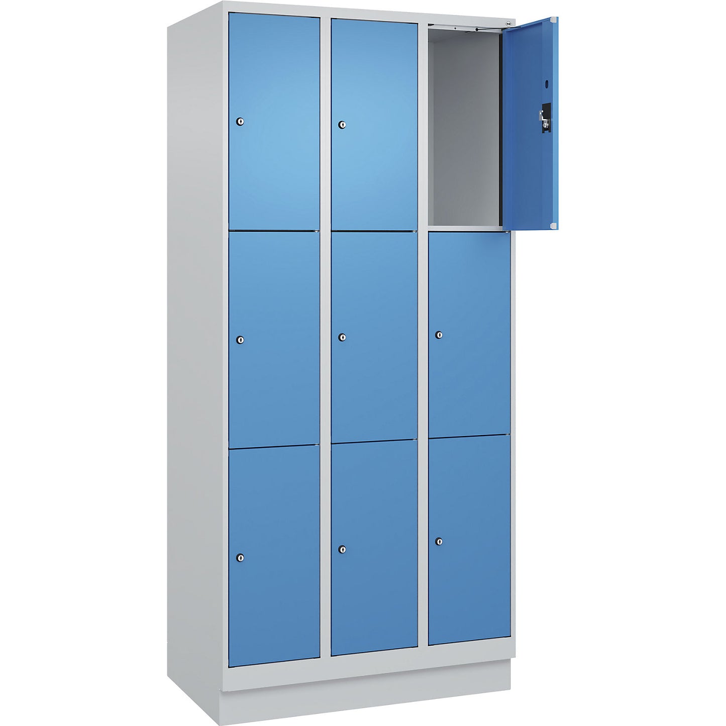 Evolo PLUS 3-fold compartment locker, 3 compartments, light grey / light blue, W 900 mm, 9 compartments, with base plinth, cylinder lock.