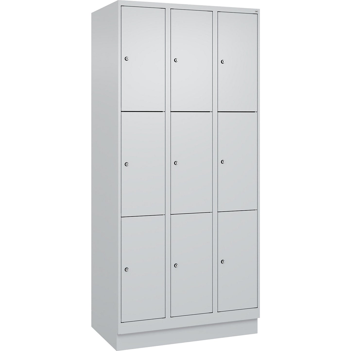 Evolo PLUS 3-fold compartment locker, 3 compartments, light grey, W 900 mm, 9 compartments, with base plinth, cylinder lock.