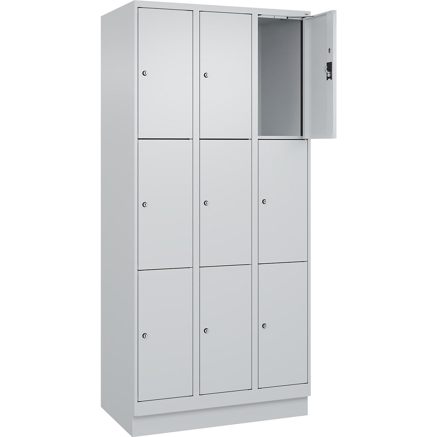 Evolo PLUS 3-fold compartment locker, 3 compartments, light grey, W 900 mm, 9 compartments, with base plinth, cylinder lock.