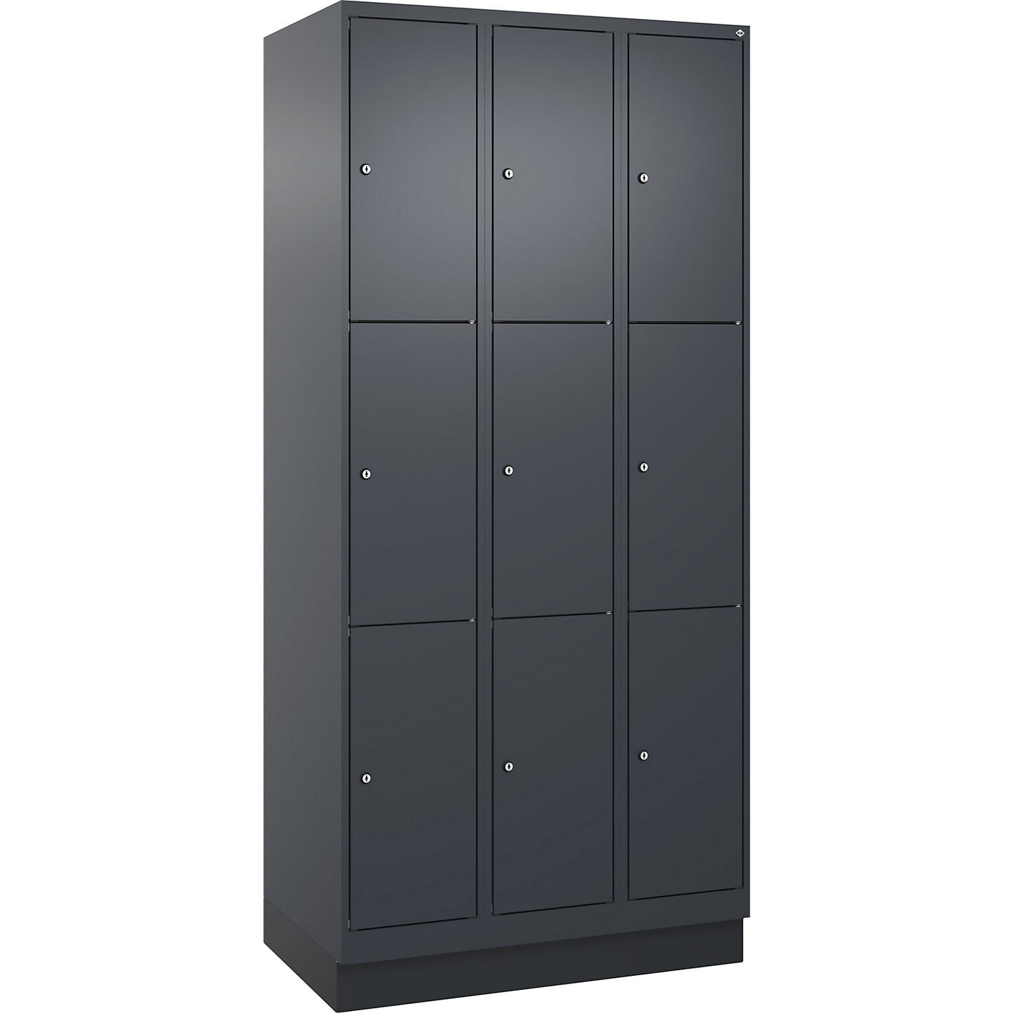Evolo PLUS 3-fold compartment locker, 3 compartments, grey, W 900 mm, 9 compartments, with base plinth, cylinder lock.