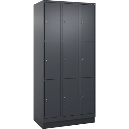 Evolo PLUS 3-fold compartment locker, 3 compartments, grey, W 900 mm, 9 compartments, with base plinth, cylinder lock.