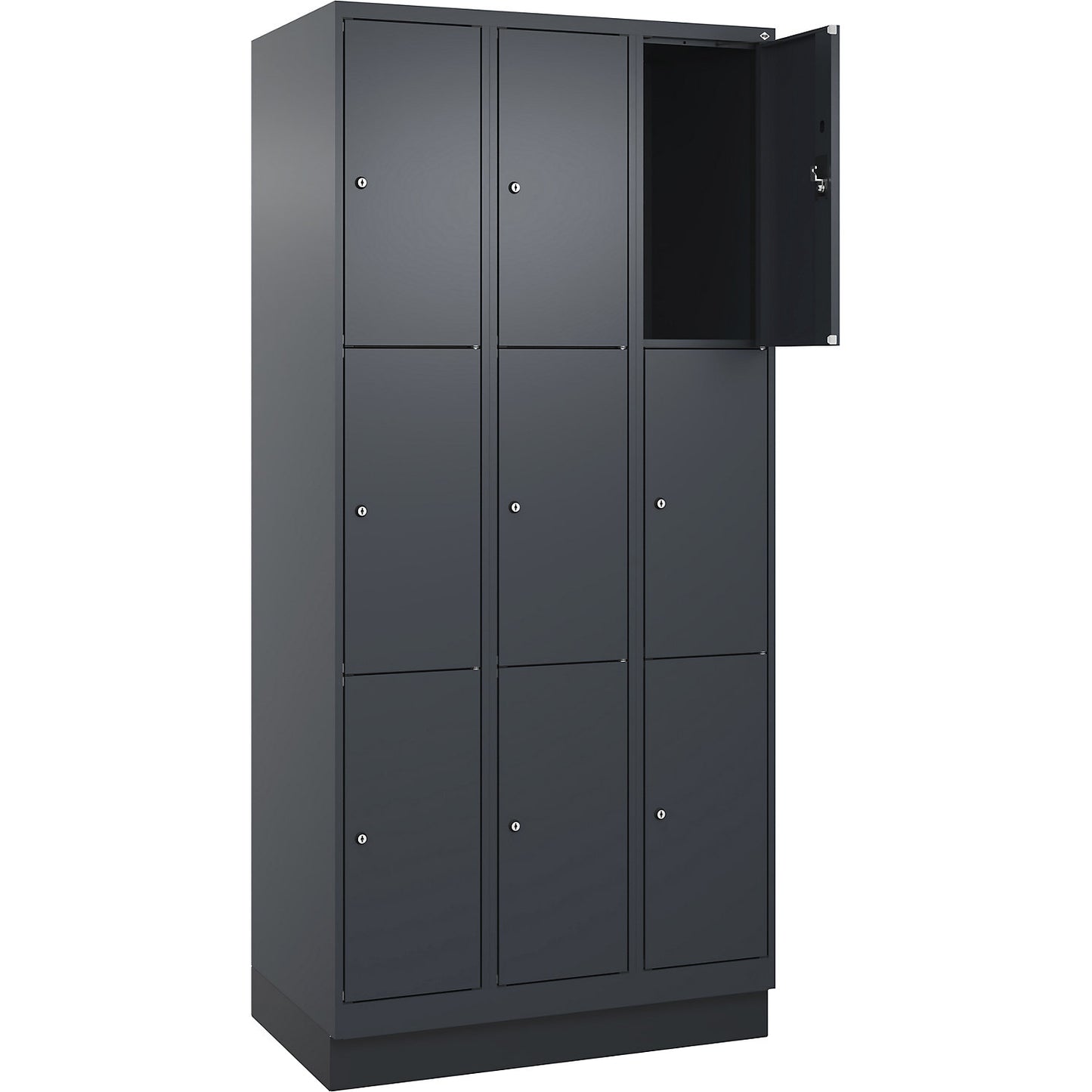 Evolo PLUS 3-fold compartment locker, 3 compartments, grey, W 900 mm, 9 compartments, with base plinth, cylinder lock.